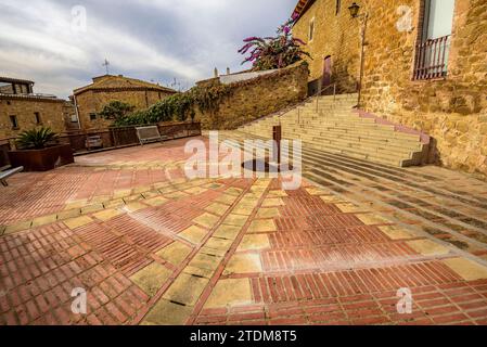 Schloss Vilopriu an einem bewölkten Herbstnachmittag. Baix Empordà, Girona, Katalonien, Spanien ESP: Castillo de Vilopriu en una tarde de de otoño nublada. Ampurdám Stockfoto