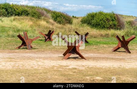 Panzerabwehrbarrieren am Utah Beach, einem der fünf Gebiete der alliierten Invasion des deutsch-besetzten Frankreich bei der Landung der Normandie am 6. Juni Stockfoto