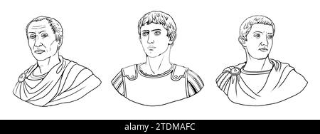 Büsten von Julius Cäsar, Augustus und Tiberius. Porträts römischer Kaiser. Stockfoto