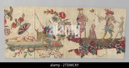 Lambal oder Fragment mit Chinoiserie in sitsen Applikation , ca. 1700 - ca. 1750 Lambal oder Fragment mit einem Bild einer chinesischen Stange. Ein Chinese fischt in einer mittleren Szene, umgeben von Blumenzweigen, zu einem Chinesen, der mit Sonnenschirm schwimmt. Auf der rechten Seite sehen wir einen Europäer und eine Frau, die zwei tanzende Affen ansieht. Das Lambal gehört zu drei Lamellen (oder Fragmenten) mit invnr. BK-16441-B bis BK-16441-E und eine Tagesdecke mit Invnr. BK-16441-A. Textil aus dem Osten. Textilmaterialien Indien. Leinen-(Material-)Druck Lambal oder Fragment mit einem Bild eines chinesischen Stabes. Ein Chinese fischt hier ein Stockfoto