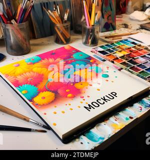 Mockup weisses Skizzenbuch auf Tisch mit Farben und Pinseln. Vertikales PSD-Format, Seitenansicht. Für Design, Handarbeit, Café, Geschäft, Geschäft Stockfoto