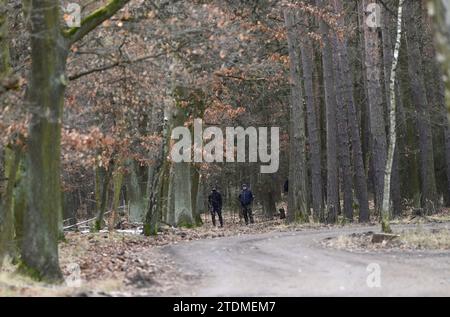 Prag, Tschechische Republik. Dezember 2023. Dutzende Polizisten durchkämmen den Wald von Klanovice, Prag, Tschechische Republik seit dem Morgen des 19. Dezember 2023. Der Grund für die Sicherheitsdurchsuchung ist Doppelmord vom 15. Dezember. Zwei Menschen, einer davon ein Kind, wurden tot im Stadtteil Klanovice am östlichen Stadtrand von Prag aufgefunden. Quelle: Josef Vostarek/CTK Photo/Alamy Live News Stockfoto