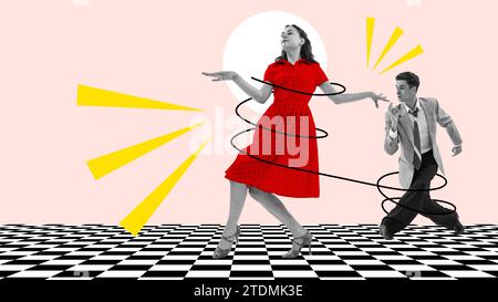 Sozialer Tanz. Junger Mann und Frau tanzen auf hellrosa Hintergrund. Zeitgenössische Kunstcollage. Poster Stockfoto