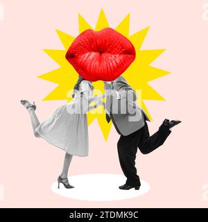 Küsse hinter den Lippen. Junges Paar tanzt über hellem Hintergrund. Feiern. Zeitgenössische Kunstcollage. Poster Stockfoto