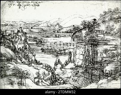 LEONARDO DA VINCI. Landschaft aus dem Arno-Tal, vom 5. August 1473. Stift- und Tintenzeichnung. Stockfoto