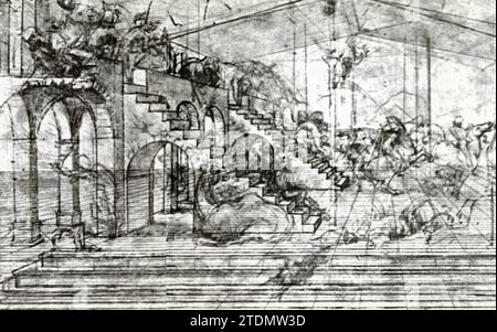 Studie der Perspektive für die Anbetung der Könige, um 1481.Zeichnung mit Zeichenstift und Tinte und Waschen auf einer Metallskizze Stockfoto