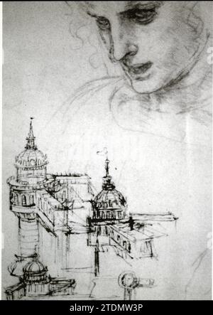 LEONARDO DA VINCI. STUDIE FÜR DAS LETZTE ABENDESSEN UND SKIZZE FÜR DAS SCHLOSS SFORZA, UM 1495. ROTE KREIDE, STIFT UND TINTE ZEICHNUNG Stockfoto