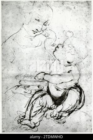 LEONARDO DA VINCI.MADONNA MIT KIND.UM 1478.SILBERSPITZE UND TUSCHEZEICHNUNG Stockfoto