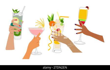 Set aus verschiedenen Händen, die Cocktail-Vektor halten. Stock Vektor