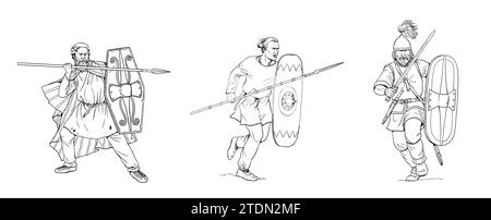 Germanische Krieger beim Angriff. Zeichnen mit römischen Feinden - Barbaren. Stockfoto