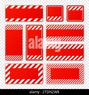 Verschiedene leere rote Warnschilder mit diagonalen Linien. Achtung-, Gefahr- oder Vorsichtshinweis, Baustellenbeschilderung. Realistisches Hinweisschild, Warnung Stock Vektor