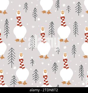 Nahtloses Wintermuster mit niedlichen Gänsen und handgezeichneten Kiefern. Frohe Weihnachten Vektor-Hintergrund Stock Vektor