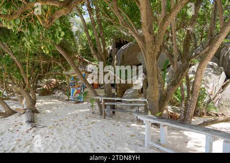 Beach Cafe Shack auf Anse Source d'Argent, La Digue Island, Seychellen. Indischer Ozean Stockfoto