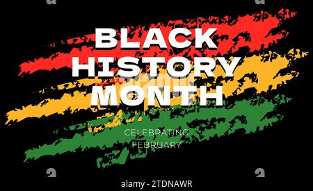 Abstraktes grafisches Banner für Black History Month. Afroamerikanische Rechte und Kultur feiern. Moderne, kreative Grußkarte. Inschrift auf grunge rot gelb grün Farben afro Flagge Vektor Hintergrund Stock Vektor
