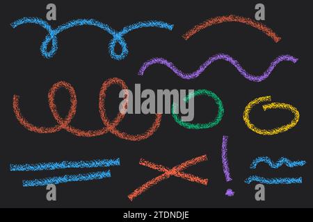 Gruppe von Kreidepfeilen und Rahmen. Handgezeichnete farbige Aktivkohlesymbole für handgezeichnete Diagramme. Vektor-Doodle-Grunge-Markerzeichnung. Freihand-Differe Stock Vektor