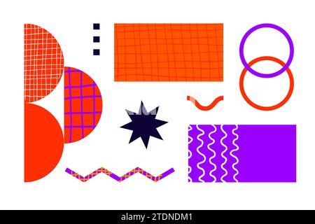 Brutalistische Poster mit abstrakten geometrischen Formen und naiven Rastern. Brutale zeitgenössische Figur Stern ovale Spiralwelle und andere primitive Elemente an Stock Vektor