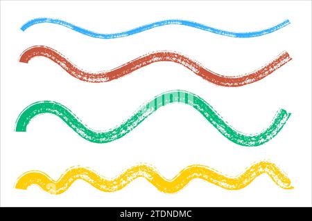 Handgezeichnete, grungy wellige Linien und Squiggles. Farbige rote gelbe grüne Kreideunterstriche. Vektorillustration isoliert auf weiß Stock Vektor