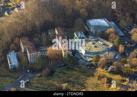 Luftaufnahme, Kulturzentrum Berliner Platz und Franz-Stock-Gymnasium, umgeben von herbstlichen Laubbäumen, Hüsten, Arnsberg, Sauerland, Nordrhein Stockfoto
