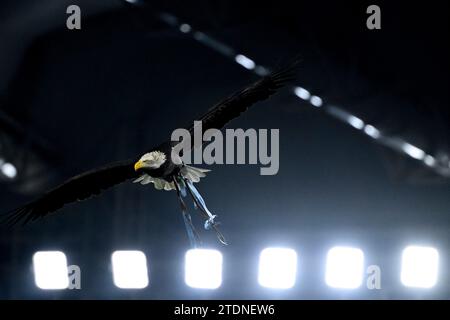 Das Lazio-Maskottchen, der Adler Olimpia, fliegt vor dem Fußballspiel der Serie A zwischen SS Lazio und FC Internazionale im Olimpico-Stadion in Rom (Italien) am 17. Dezember 2023 ins Stadion. Stockfoto