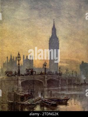 Westminster Bridge and the Houses of Parliament ' London Water-Colours ' gemalt von Herbert M. Marshall, 1841-1913 Erscheinungsdatum 1915 veröffentlicht von A&C Black, London [ Herbert Menzies Marshall ( 1. August 1841 – 2. März 1913) war ein englischer Aquarellmaler und Illustrator. und früher ein Cricketspieler. Stockfoto