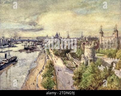 The Tower and the River ' London Water-Colours ' gemalt von Herbert M. Marshall, 1841-1913 Publikationsdatum 1915 veröffentlicht von A&C Black, London [ Herbert Menzies Marshall ( 1. August 1841 – 2. März 1913) war ein englischer Aquarellmaler und Illustrator und früher Cricketspieler. ] Stockfoto