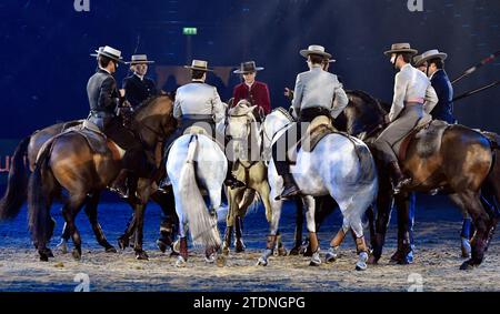 London, Großbritannien. Dezember 2023 London International Horse Show im Excel Centre London UK. Credit: Leo Mason ALAMY Live News & Sport Lusitanos 'Pride of Portugal' Display Credit: Leo Mason Sports/Alamy Live News Stockfoto