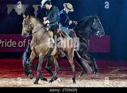 London, Großbritannien. Dezember 2023 London International Horse Show im Excel Centre London UK. Credit: Leo Mason ALAMY Live News & Sport Lusitanos 'Pride of Portugal' Display Credit: Leo Mason Sports/Alamy Live News Stockfoto