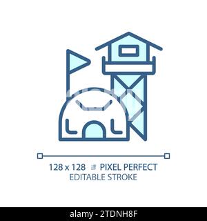 2D dünne lineare Pixel perfektes einfaches blaues Symbol für Militärbasis Stock Vektor