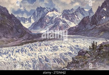 Aus dem Buch The Story of our Planet von Thomas George Bonney aus dem Jahr 1833-1923, das 1902 von Cassell and Company veröffentlicht wurde, ist der Mer de Glace ein Talgletscher, der sich an den Nordhängen des Mont Blanc-Massivs in den französischen Alpen befindet. Sie ist 7,5 km lang und 200 m tief Stockfoto