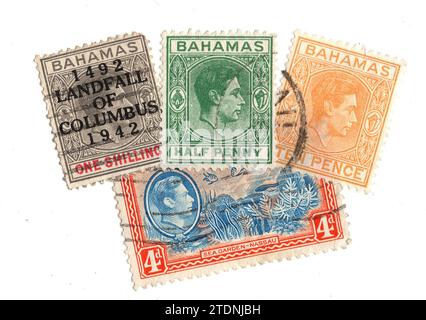 Eine Montage von Vintage-Briefmarken von König George VI von den Bahamas auf weißem Hintergrund. Stockfoto