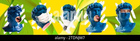 Set mit blauem antikem Statuenkopf mit Elementen menschlicher Hände auf mehrfarbigem abstrakten Hintergrund. Zeitgenössische Kunstcollage. Kreatives Banner Stockfoto