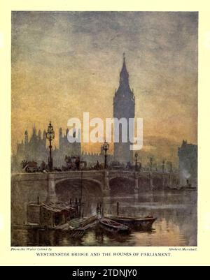 Westminster Bridge and the Houses of Parliament ' London Water-Colours ' gemalt von Herbert M. Marshall, 1841-1913 Erscheinungsdatum 1915 veröffentlicht von A&C Black, London [ Herbert Menzies Marshall ( 1. August 1841 – 2. März 1913) war ein englischer Aquarellmaler und Illustrator. und früher ein Cricketspieler. Stockfoto