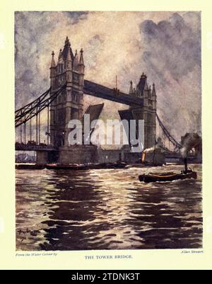 The Tower Bridge ' London Water-Colours ' gemalt von Herbert M. Marshall, 1841-1913 Publikationsdatum 1915 veröffentlicht von A&C Black, London [ Herbert Menzies Marshall ( 1. August 1841 – 2. März 1913) war ein englischer Aquarellmaler und Illustrator und früher Cricketspieler. ] Stockfoto