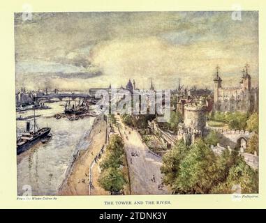 The Tower and the River ' London Water-Colours ' gemalt von Herbert M. Marshall, 1841-1913 Publikationsdatum 1915 veröffentlicht von A&C Black, London [ Herbert Menzies Marshall ( 1. August 1841 – 2. März 1913) war ein englischer Aquarellmaler und Illustrator und früher Cricketspieler. ] Stockfoto