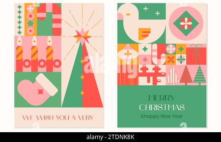 Weihnachtliches modernes Design, Weihnachtsgeschenke, Winterelemente, Kerzen, Weihnachtsbaum, Socke, Weihnachtsdekorationen. Geometrisch Stock Vektor