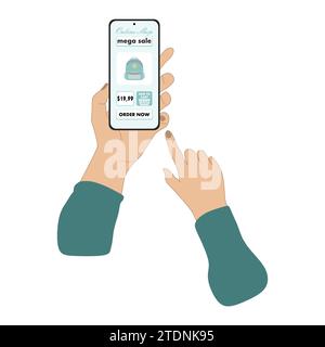 Handheld-Smartphone mit Online-Shopping-App-Konzept. Technologie für Online-Geschäfte mit Vektor-Illustration im weißen Hintergrund. Flacher Stil E-comme Stock Vektor