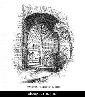 Chepstow Castle (walisisch Castell CAS-gwent) in Chepstow, Monmouthshire, Wales ist die älteste noch erhaltene poströmische Steinbefestigung in Großbritannien. Oberhalb der Klippen des Flusses Wye, aus dem Buch The Severn Valley: A Series of Sketches, deskriptiv und bildhaft, of the Course of the Severn: Mit Notizen zu seinen topographischen, industriellen und geologischen Merkmalen; mit Blicken auf seine historischen und legendären Assoziationen von Randall, John, 1810-1910 Veröffentlichungsdatum 1862 Herausgeber J. S. Tugend Stockfoto