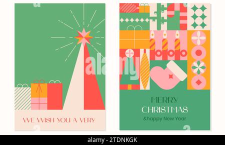 Weihnachtliches modernes Design, Weihnachtsgeschenke, Winterelemente, Kerzen, Weihnachtsbaum, Socke, Weihnachtsdekorationen. Geometrisch Stock Vektor