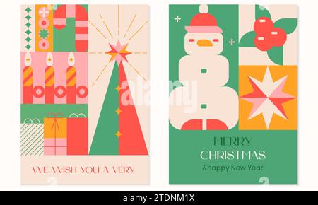 Modernes Weihnachtsdesign, Weihnachtsgeschenke, Winterelemente, Kerzen, Weihnachtsbaum, Socke, Schneemann, Weihnachtsdekorationen. Geometrisch Stock Vektor