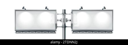 Zwei Reklametafeln auf einem Pol beleuchtet durch Projektoren realistische Vektorillustration. Außenwerbung 3D-Panels für Unternehmen isoliert auf weißem Hintergrund Stock Vektor