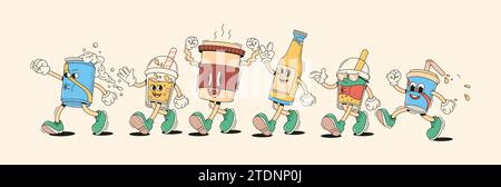 Walking Drinks im Retro Cartoon Stil Vektor Illustration Set. Verschiedene Getränkecharakter, Vintage-Animationselemente. Handgezeichnete Kunst Stock Vektor