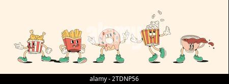 Lustige Trödel-Fast-Food-Charaktere im Retro-Cartoon-Stil Vektor-Illustration Set. Snacks im Vintage-Design mit Animationselementen. Kindercafé-Menü Stock Vektor