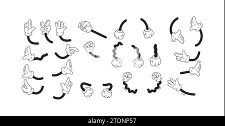 Retro-Zeichentrickfigur Arme lineare Vektorsymbole auf weißem Hintergrund gesetzt. Maskottchen-Handgesten für grafische Konstruktionselemente. Comic-Art Stock Vektor