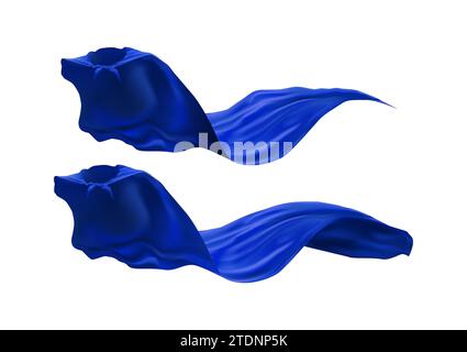 Fliegende blaue Helden Mäntel Farbvektor realistische Illustration Set. Kinder Maskerade Kleid 3D Design auf weißem Hintergrund. Comic-Element Stock Vektor