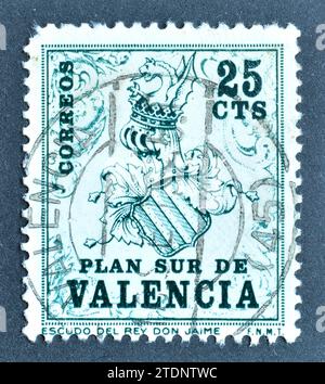 Gestempelte Briefmarke, gedruckt von Spanien, die Wappen von König James, Valencia Süd Plan (1963-1985), um 1963. Stockfoto