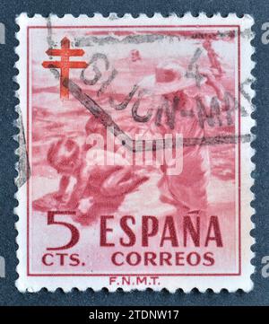 Storniert Briefmarke von Spanien gedruckt, dass der Kampf gegen die Tuberkulose fördert, circa 1950. Stockfoto