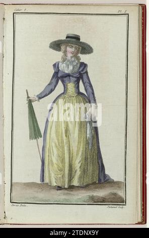 Schrank der Modi oder neue Modi, 1. März 1786, 8. Notebook, Pl. Ich, A. B. Duhamel, nach Desrais, 1786 Frau in Redingote. Dem Begleittext zufolge ist die Redingote van Laken aus Louviers in der Farbe Violet de l’Ervèque (Farbe des Bischofs). An den Ärmeln kleine Bündchen von Batist oder Mousseline. Korpus ('Korsett') und Rock von indischer Tafzijde in Zitronengelb. Fichu aus weißem Leinen, fixiert mit einem Band „Nakara“. Auf dem Kopf ein englischer Hut ('Chapeau à l'Angloise') mit breitem Rand, mit Fell und einem Band aus schwarzem Samt mit Metallschnalle. Frisur „à la Conseillère“. Schuhe in t Stockfoto