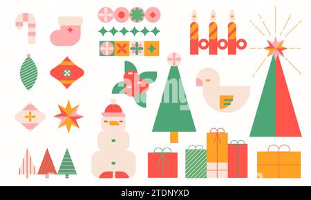 Weihnachten Moderne Designelemente, Weihnachtsgeschenke, Kerzen, Weihnachtsbaum, Socke, Schneemann, Weihnachtsdekorationen. Geometrisch Stock Vektor