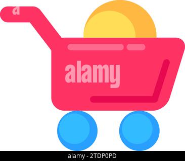 Marktwagen auf Rädern, die mit Geld gefüllt sind. Zusätzlicher Service für den Käufer. Lieferung, Transport und Bestellung von Waren in Online-Shops. Einfaches flaches Fahrzeug Stock Vektor