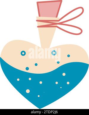 Herzförmige Glasflasche handgezeichnet Clip Art. Niedliche Flasche mit Parfüm, Elixier, Liebestrank, Getränk, isolierte Vektor-Illustration, flacher STYLE Stock Vektor